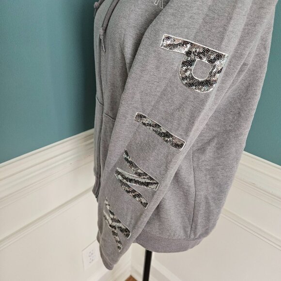 Victoria's Secret L PINK Zip Up Bing Sleeve Grey Sweatshirt Hoodie - Picture 2 of 5